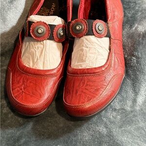 Taos Footwear Red Leather Flats with Button Accents